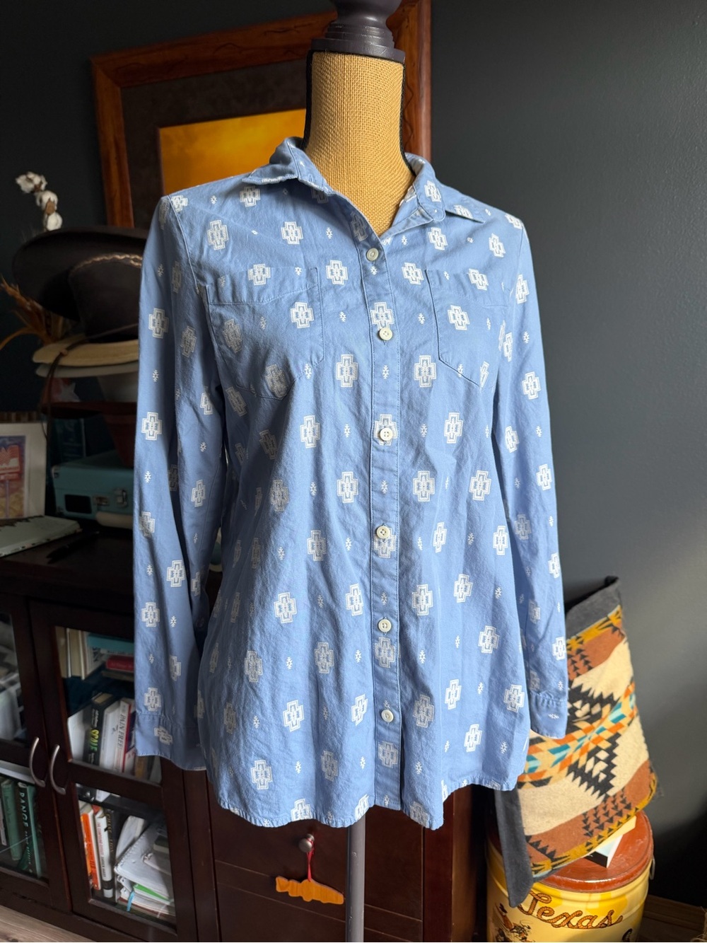 Pendleton Light Blue Button-Down with White Geometric Print